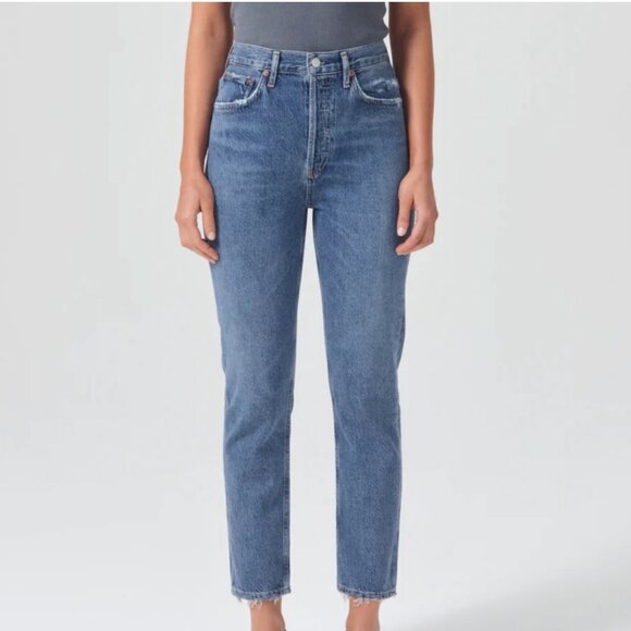 Agolde Riley High Rise Straight Leg Crop Slim Skinny Moore Blue Denim Jeans 25 - Picture 9 of 11